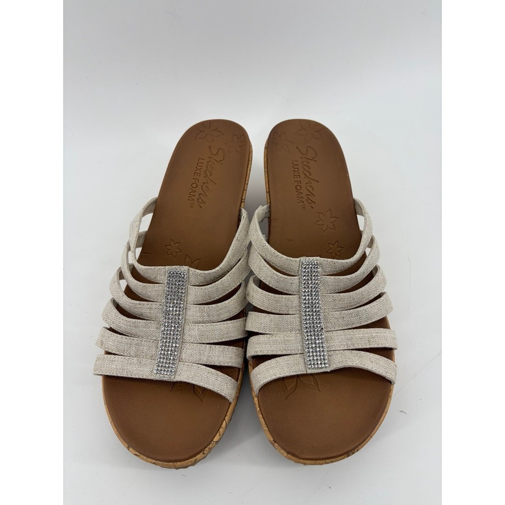 Skechers Beige Strappy Rhinestone Slip-On Foam Wedge Sandals, Size 11 NWT